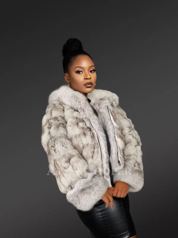 Women’s Natural Blue Fox Short Jacket with Hood (3)