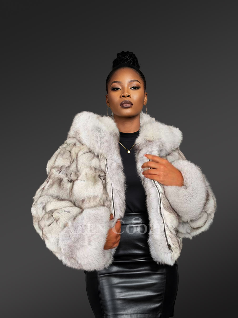 Women’s Natural Blue Fox Short Jacket with Hood (4)