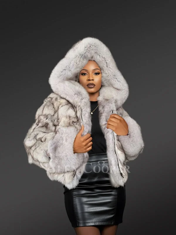 Women’s Natural Blue Fox Short Jacket with Hood (5)