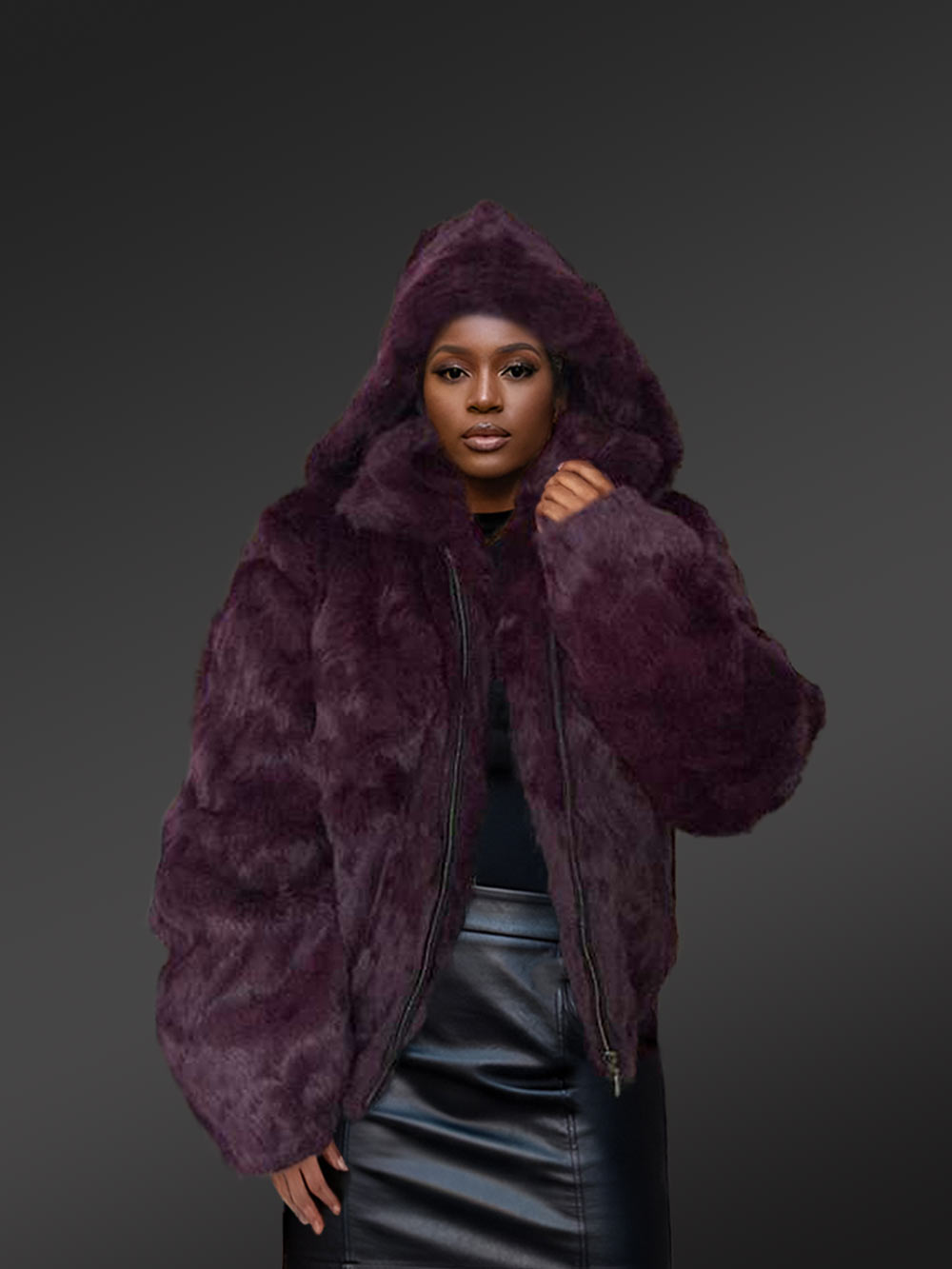 Women’s Rabbit Fur Bomber in Wine (1)