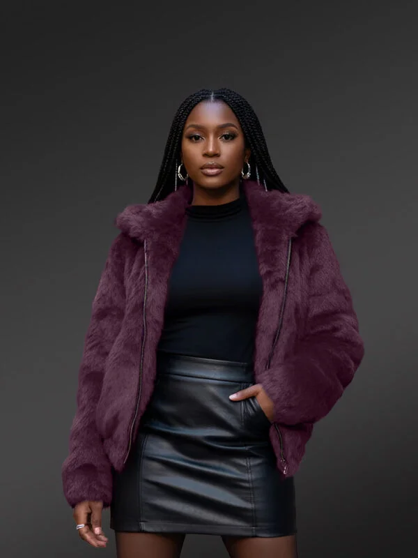 Women’s Rabbit Fur Bomber in Wine (3)