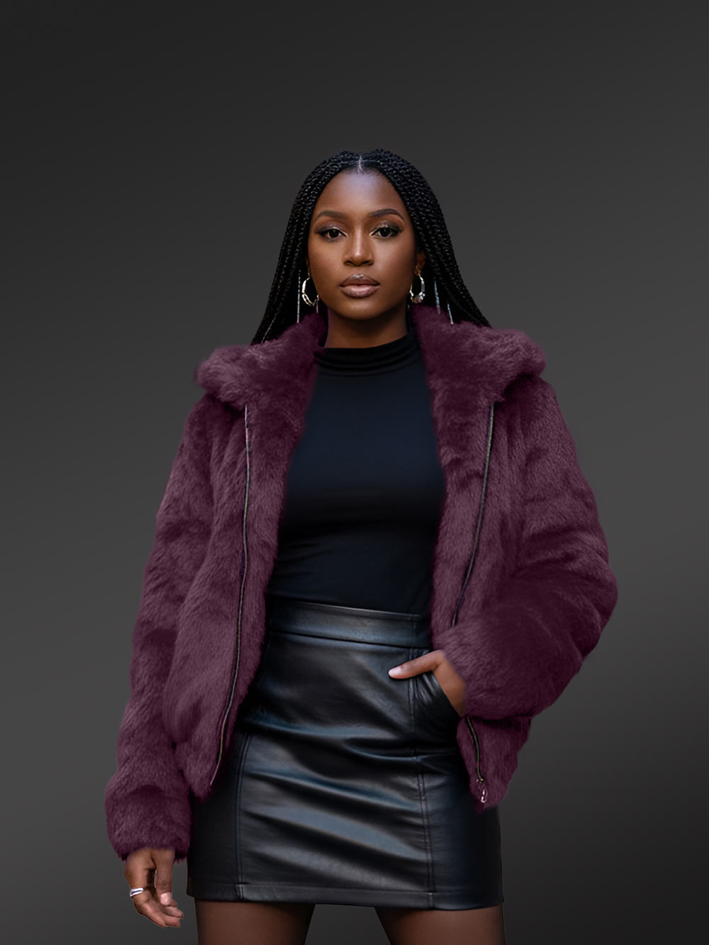 Women’s Rabbit Fur Bomber in Wine (3)