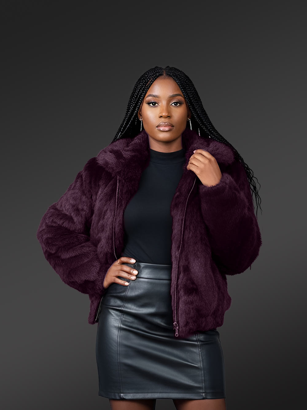 Women’s Rabbit Fur Bomber in Wine (6)
