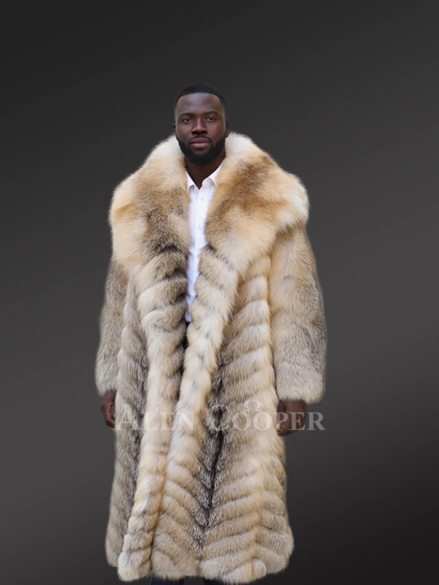 Mens Long Fox Fur Stroller Coat Featuring Herringbone Pattern