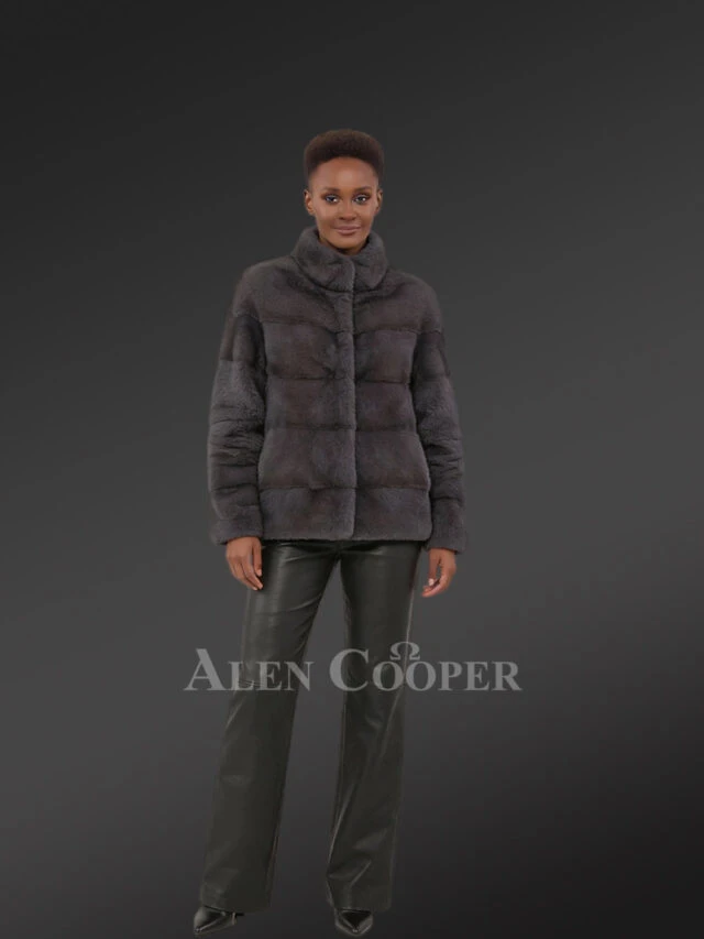 Women’s Blue Iris Mink Layered Turtle Neck Mink Coat