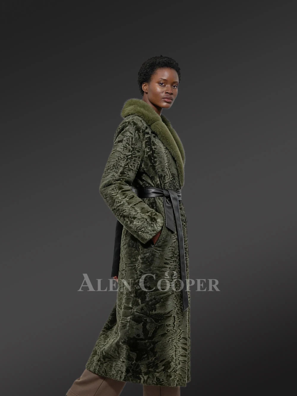 Women’s Full Length Persian Lamb Coat with Belt and Mink Collar Accent - Image 2