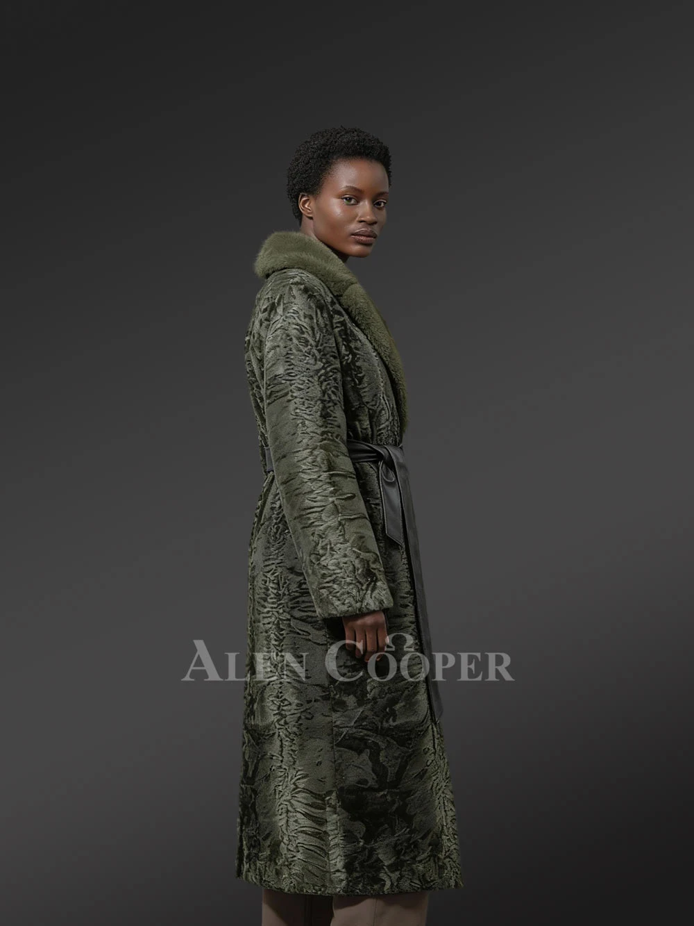 Women’s Full Length Persian Lamb Coat with Belt and Mink Collar Accent - Image 5