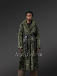 Women’s Full Length Persian Lamb Coat with Belt and Mink Collar Accent