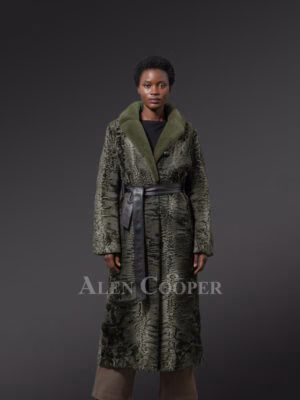 Women’s Full Length Persian Lamb Coat with Belt and Mink Collar Accent