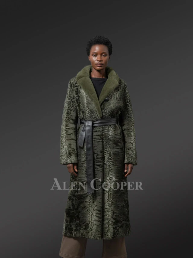 Women’s Full Length Persian Lamb Coat with Belt and Mink Collar Accent