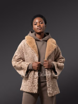 Women’s Lapel Collar Blazer in Persian Lamb with Mink Collar Accent in Beige