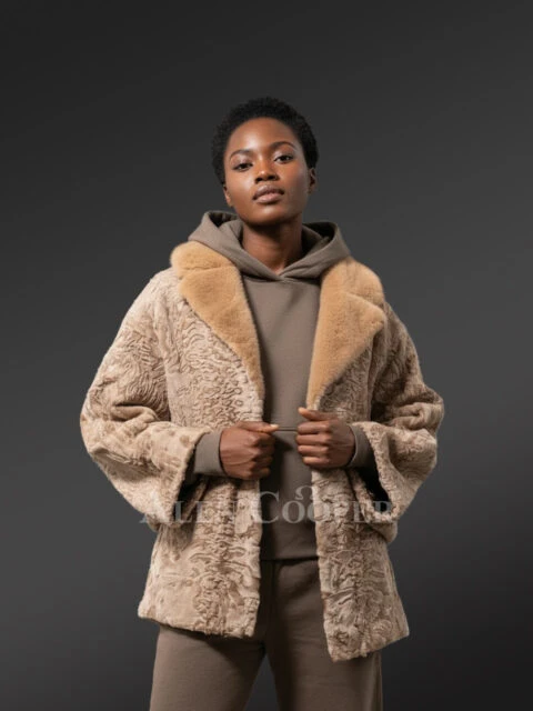 Women’s Lapel Collar Blazer in Persian Lamb with Mink Collar Accent in Beige
