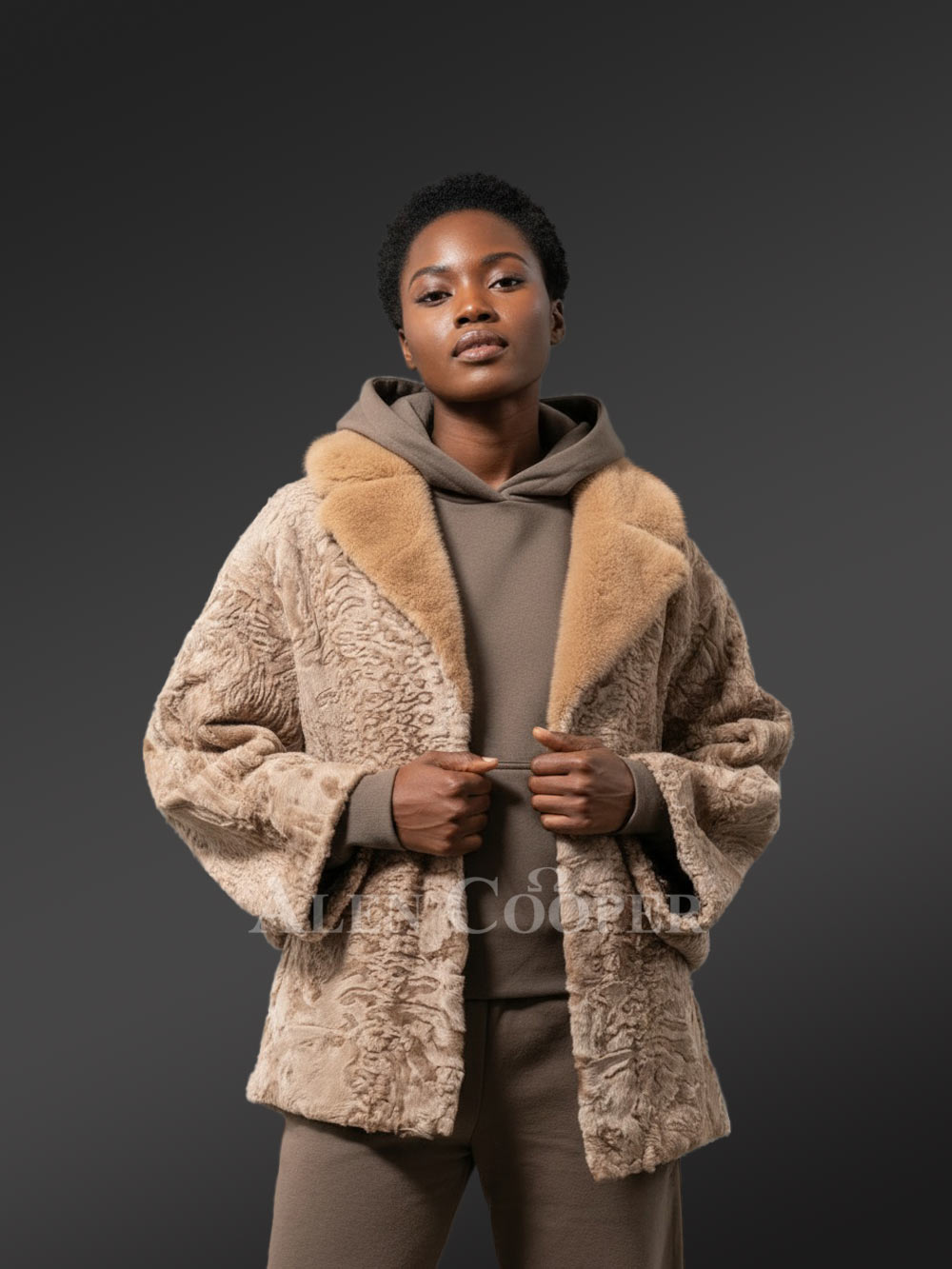 Women’s Lapel Collar Blazer in Persian Lamb with Mink Collar Accent in Beige