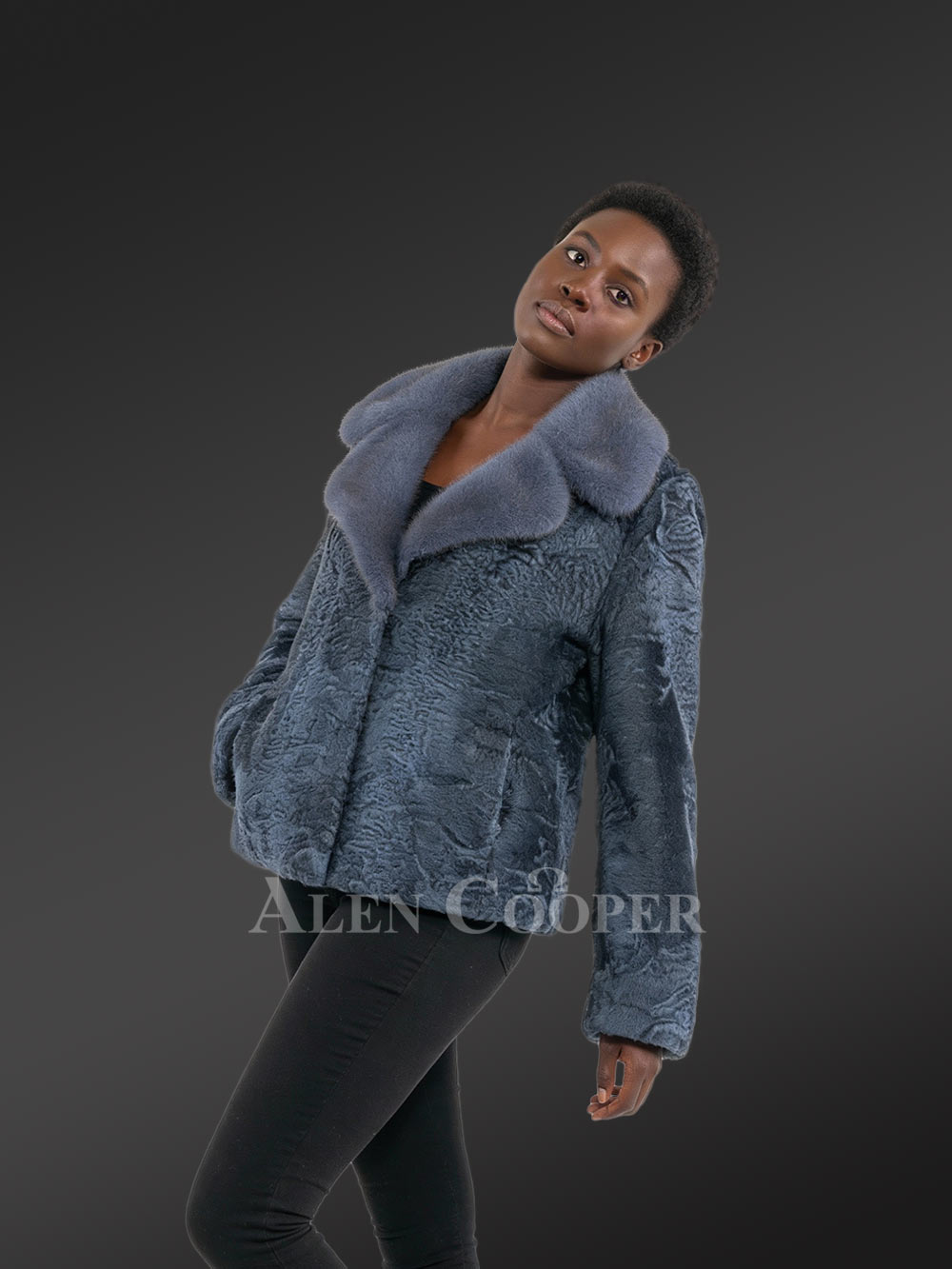 Women’s Lapel Collar Blazer in Persian Lamb with Mink Collar Accent in Grey - Image 3