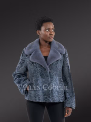 Women’s Lapel Collar Blazer in Persian Lamb with Mink Collar Accent in Grey