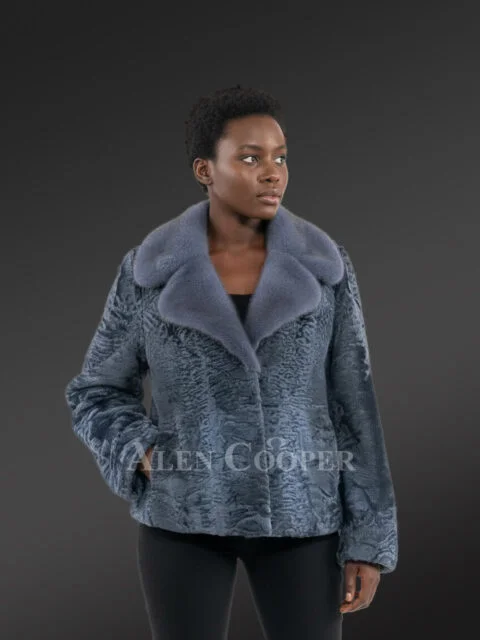 Women’s Lapel Collar Blazer in Persian Lamb with Mink Collar Accent in Grey