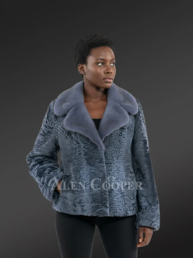 Women’s Lapel Collar Blazer in Persian Lamb with Mink Collar Accent in Grey