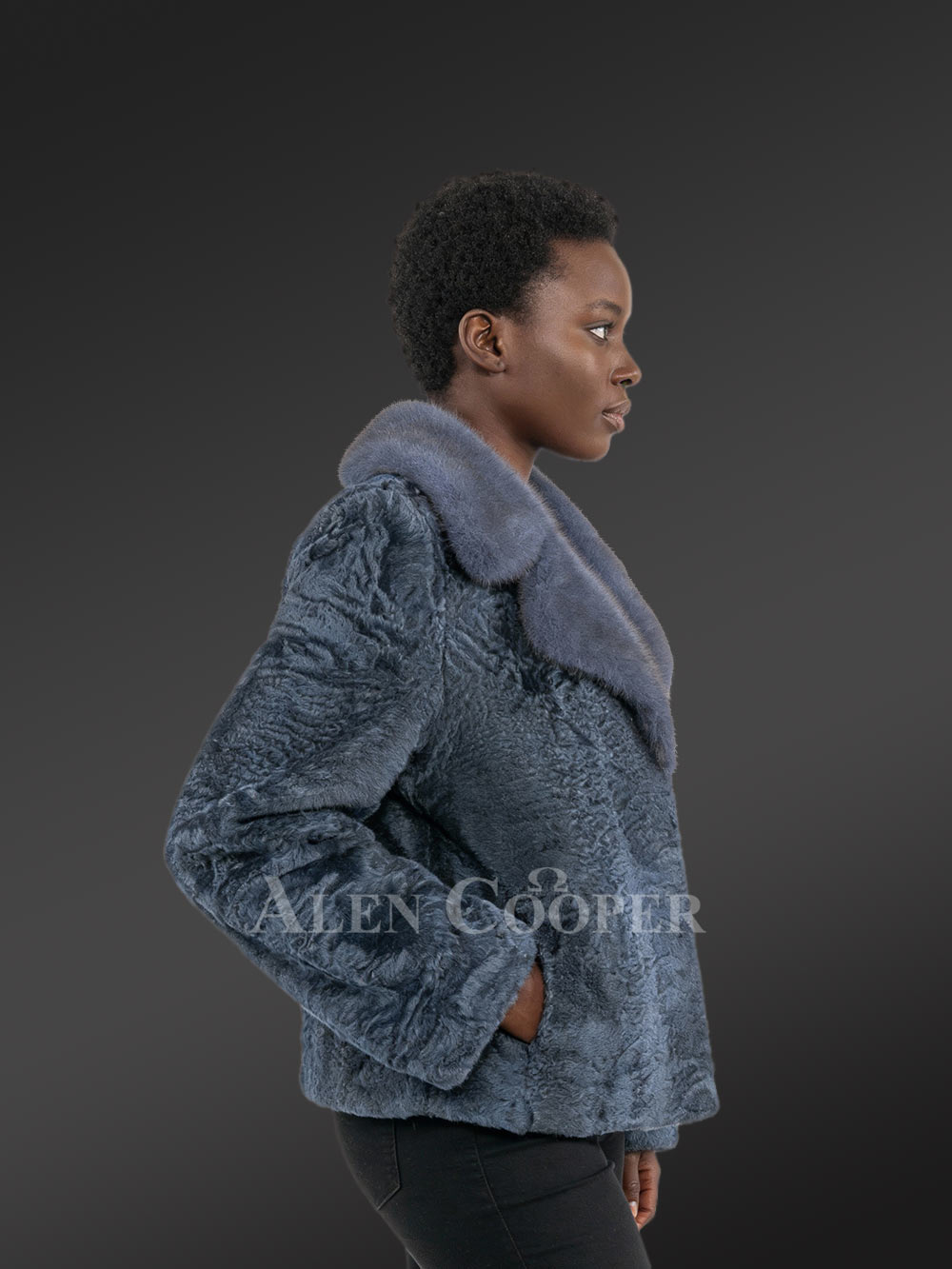 Women’s Lapel Collar Blazer in Persian Lamb with Mink Collar Accent in Grey - Image 5