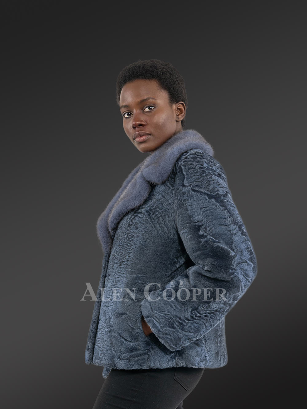 Women’s Lapel Collar Blazer in Persian Lamb with Mink Collar Accent in Grey - Image 4