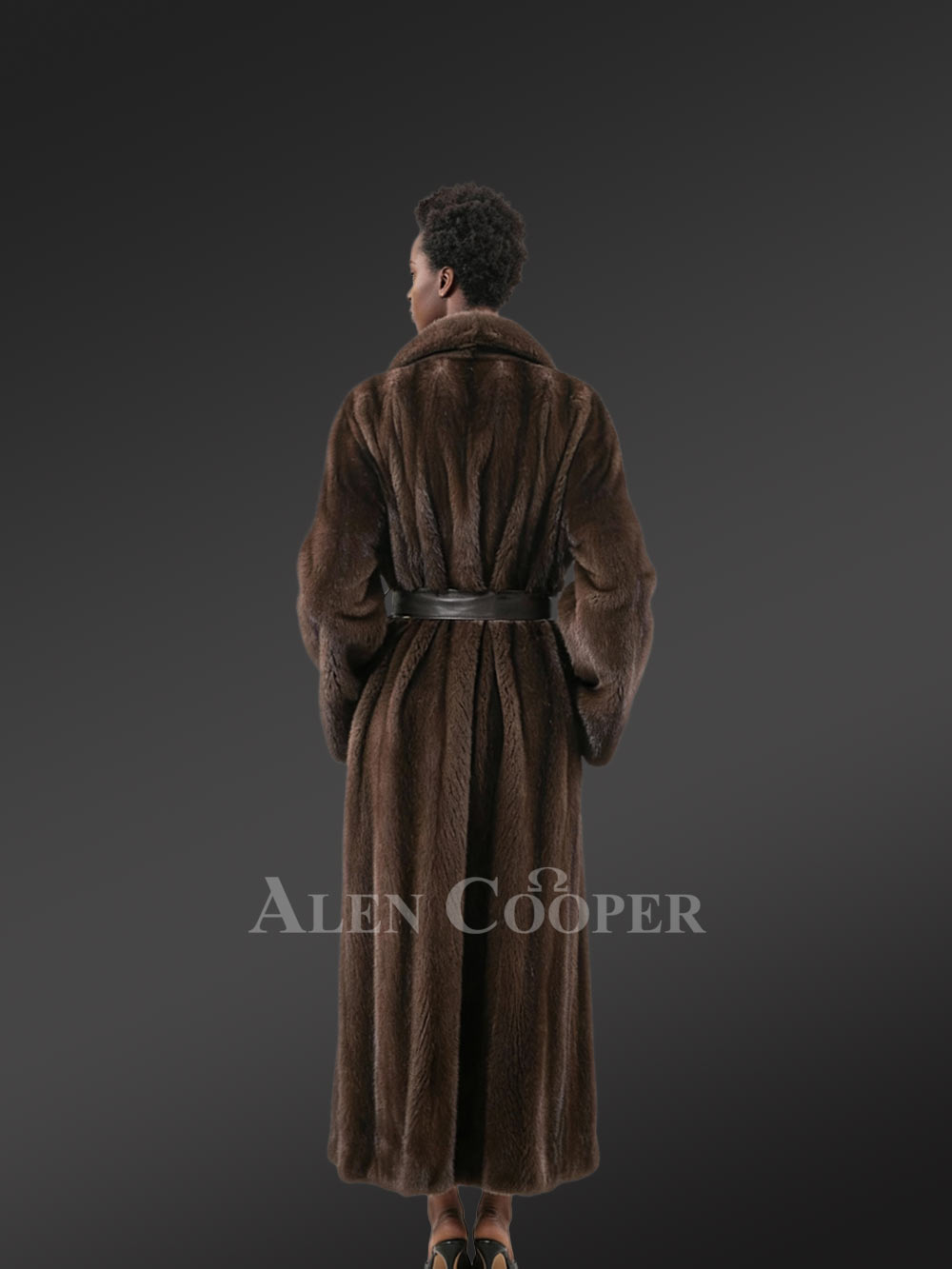 Women’s Mink Long Coat with Belt In Mahoghany Brown - Image 5