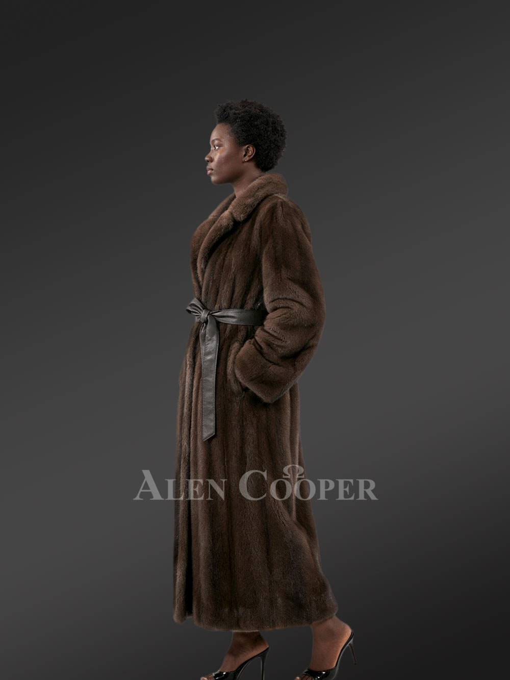Women’s Mink Long Coat with Belt In Mahoghany Brown - Image 4
