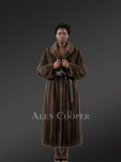 Women’s Mink Long Coat with Belt In Mahoghany Brown