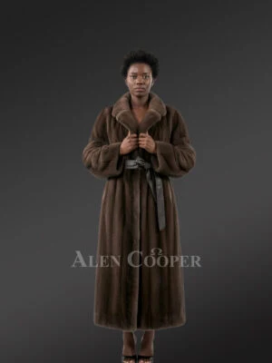 Women’s Mink Long Coat with Belt In Mahoghany Brown