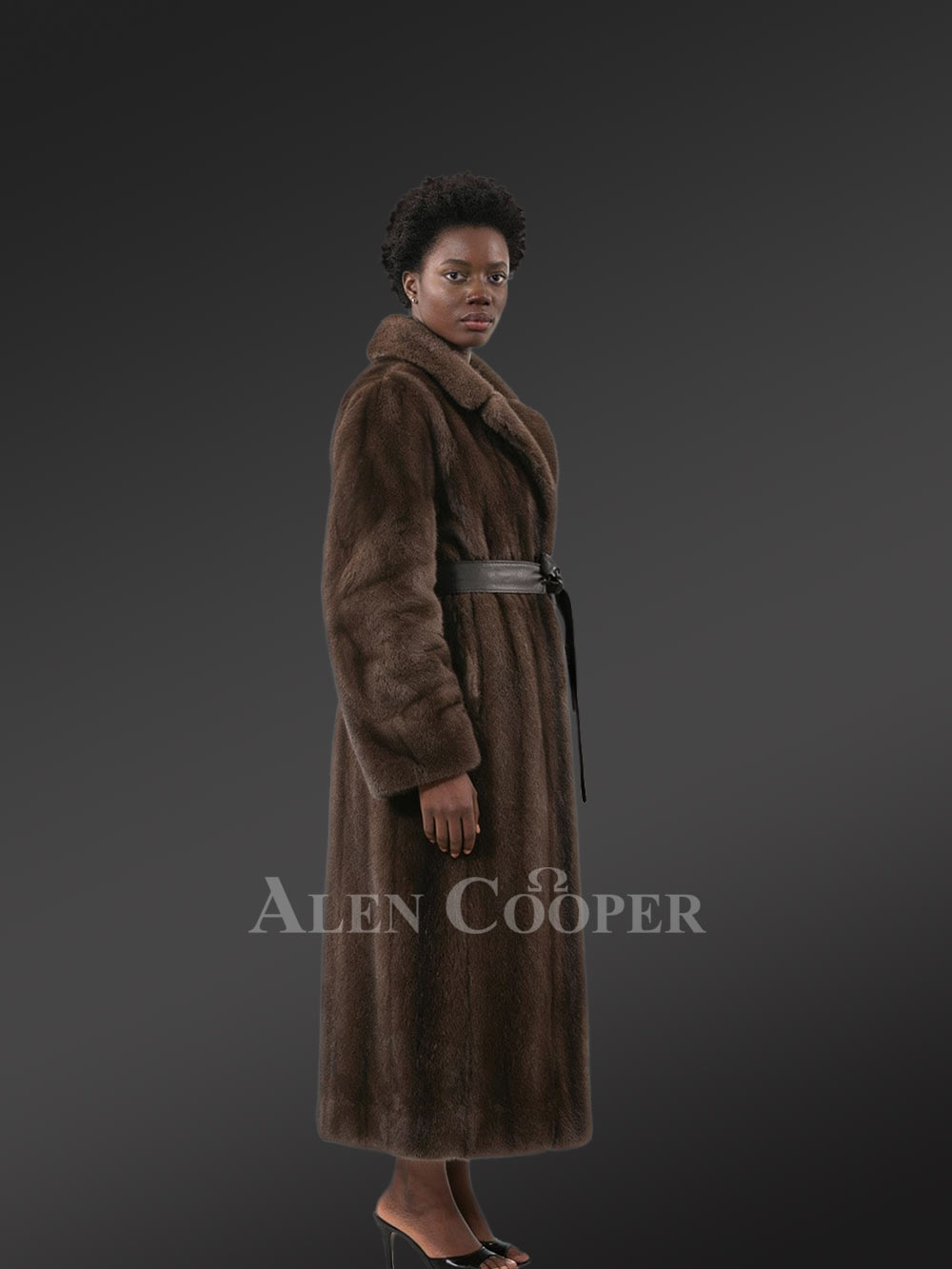 Women’s Mink Long Coat with Belt In Mahoghany Brown - Image 2