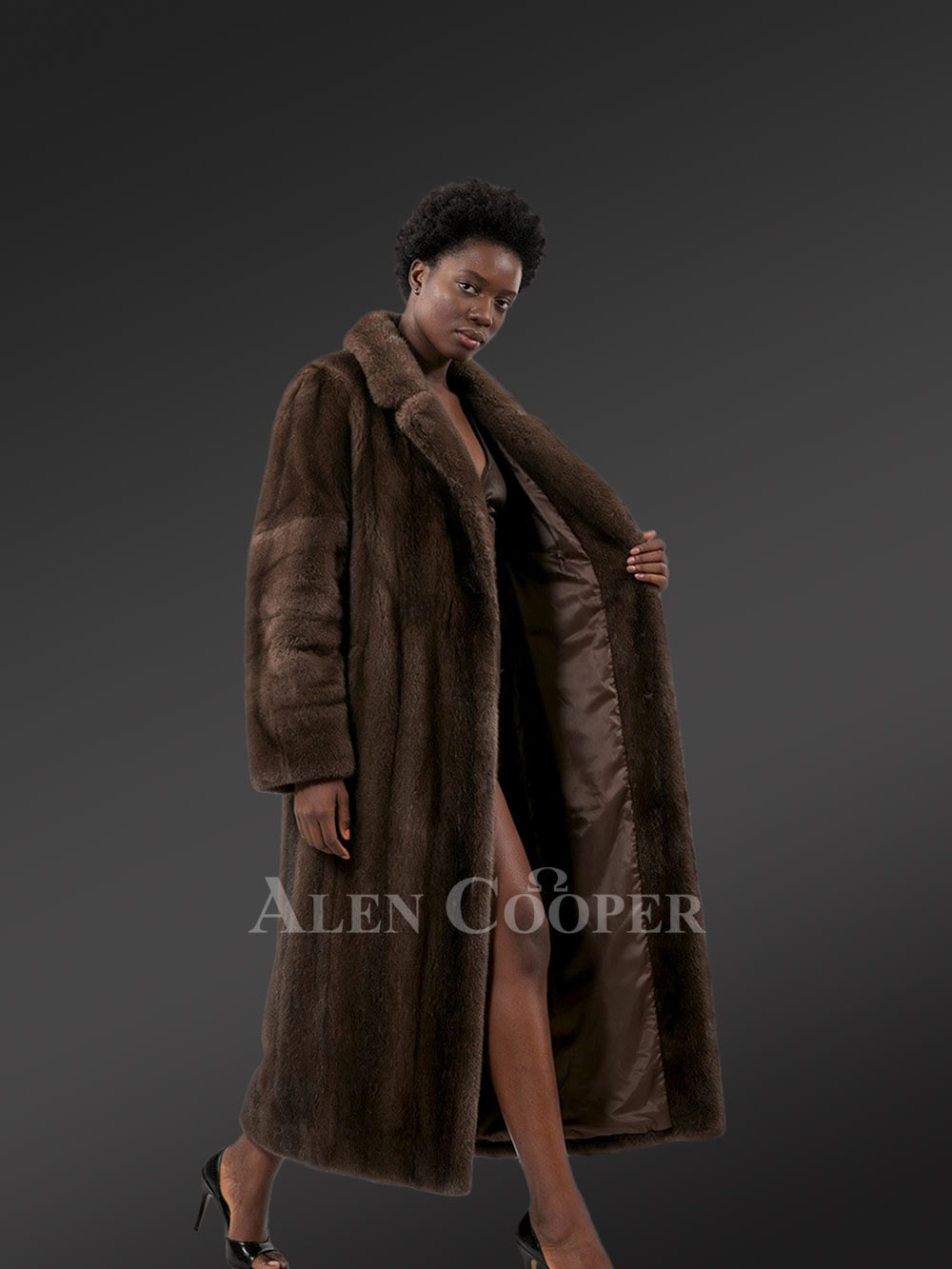 Women’s Mink Long Coat with Belt In Mahoghany Brown - Image 3