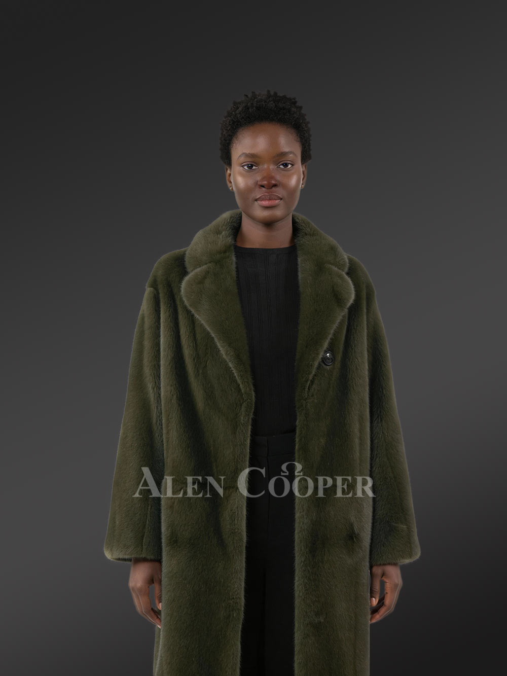Women’s Olive Mink Long Coat - Image 3