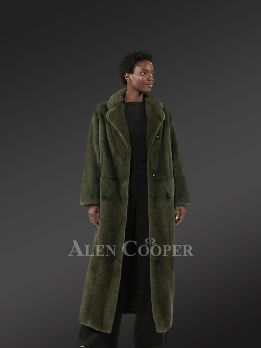 Women’s Olive Mink Long Coat - Image 2
