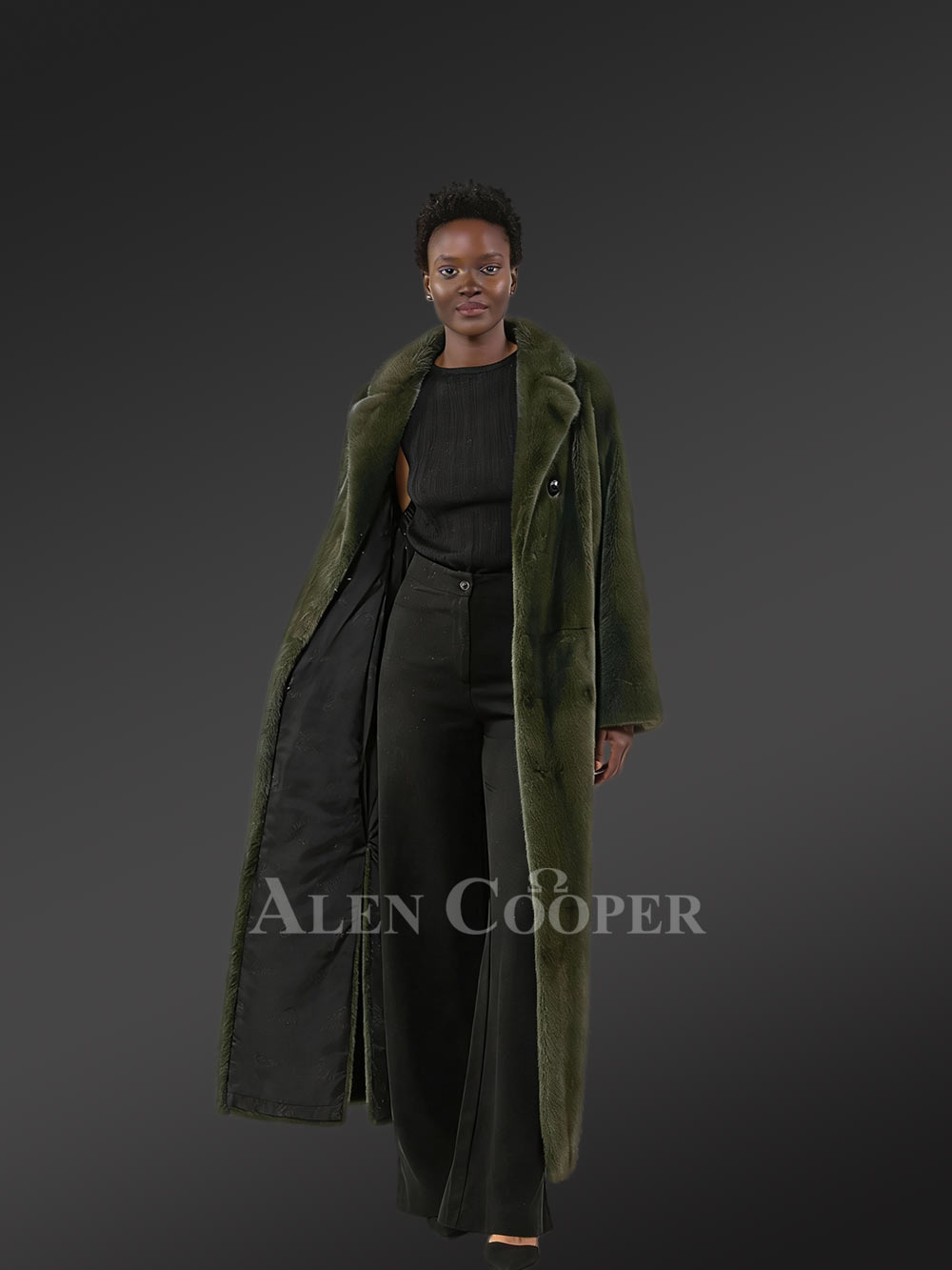 Women’s Olive Mink Long Coat - Image 4