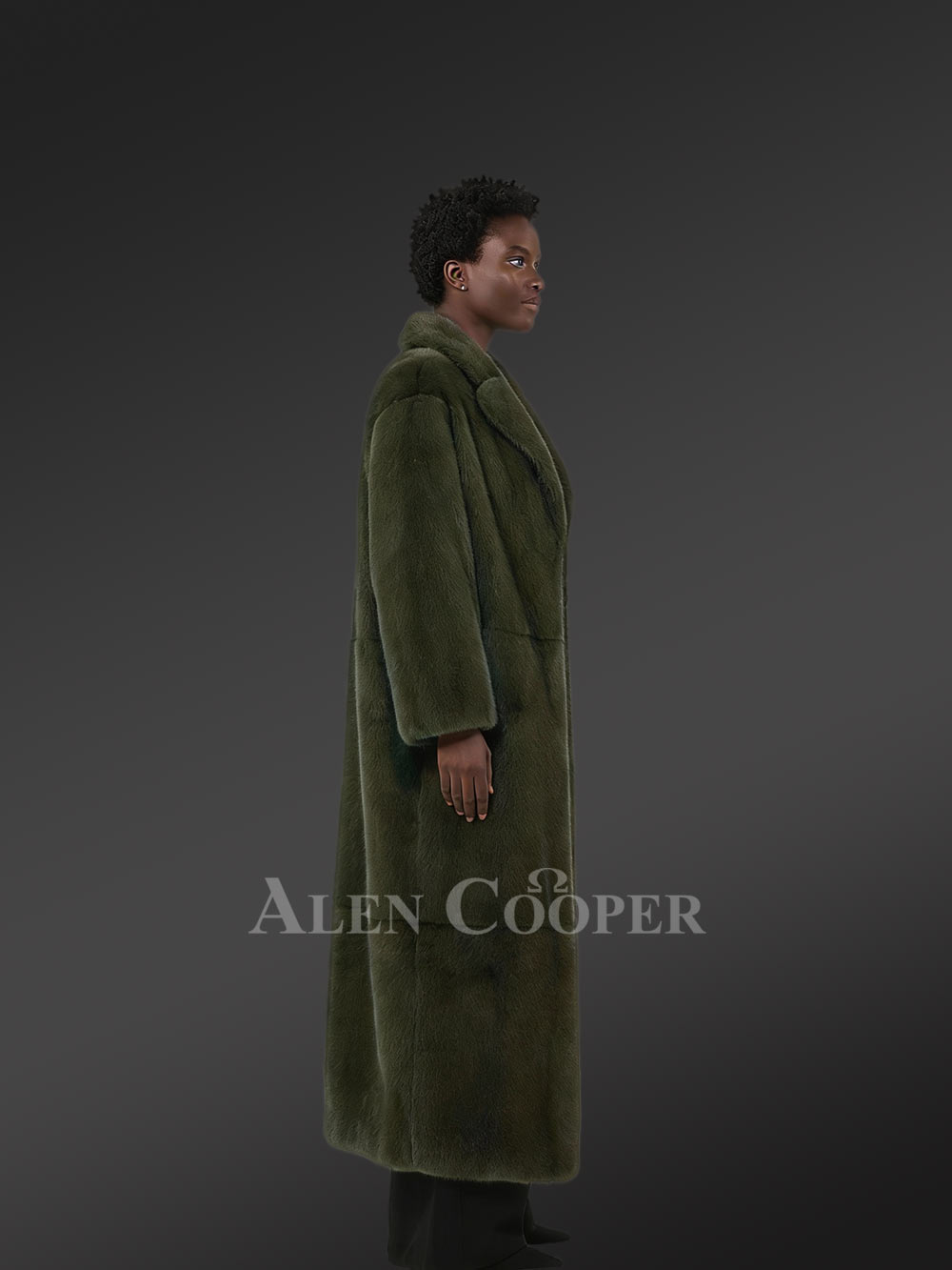 Women’s Olive Mink Long Coat - Image 5