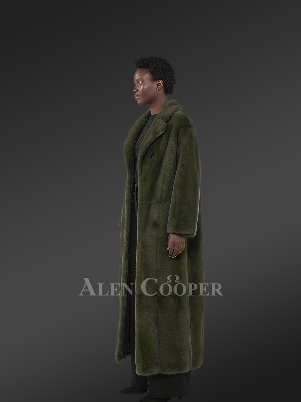 Women’s Olive Mink Long Coat - Image 6