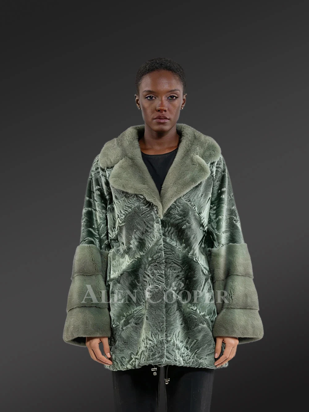 Women’s Persian Lamb Coat with Mink Collar Accent and Layered Mink Sleeves