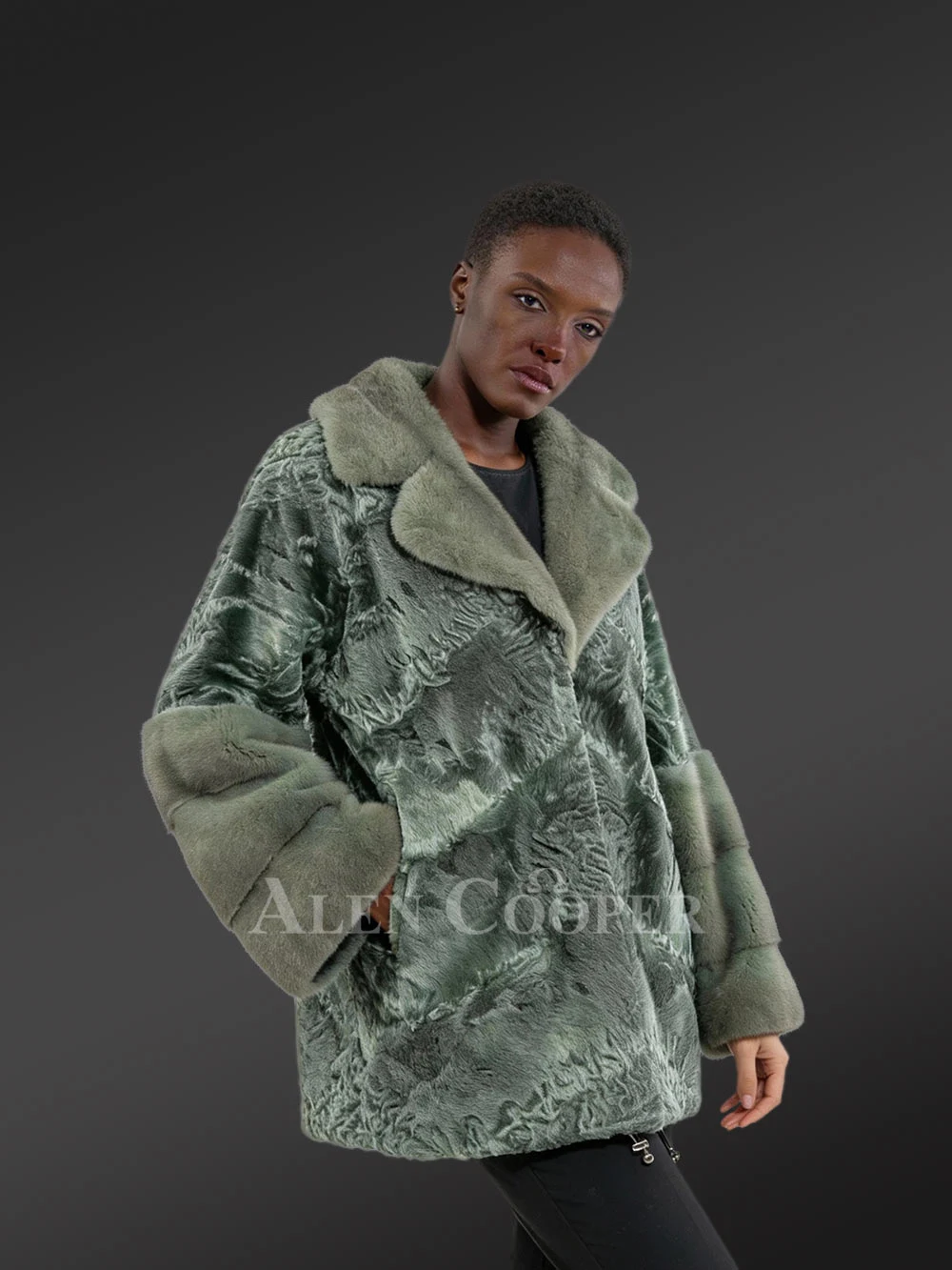 Women’s Persian Lamb Coat with Mink Collar Accent and Layered Mink Sleeves - Image 2