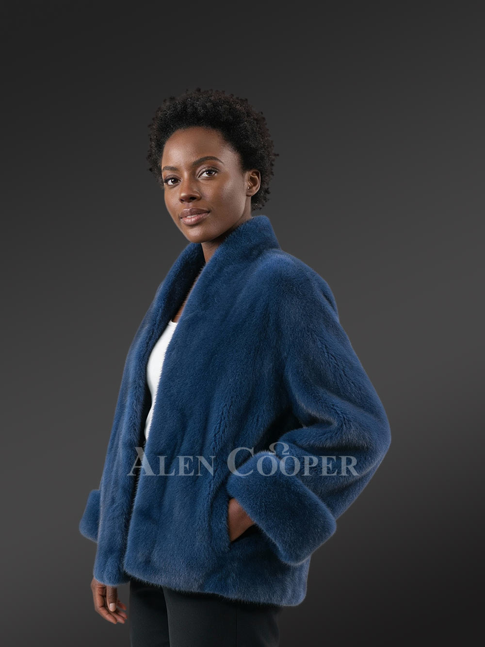 Women’s Short Dressy French Collar Mink Jacket in Blue - Image 3