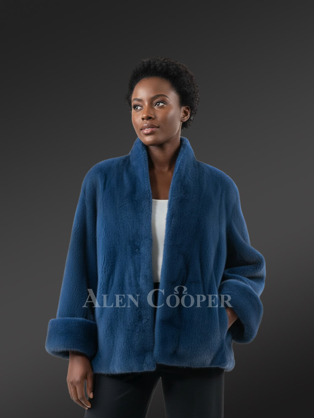 Women’s Short Dressy French Collar Mink Jacket in Blue