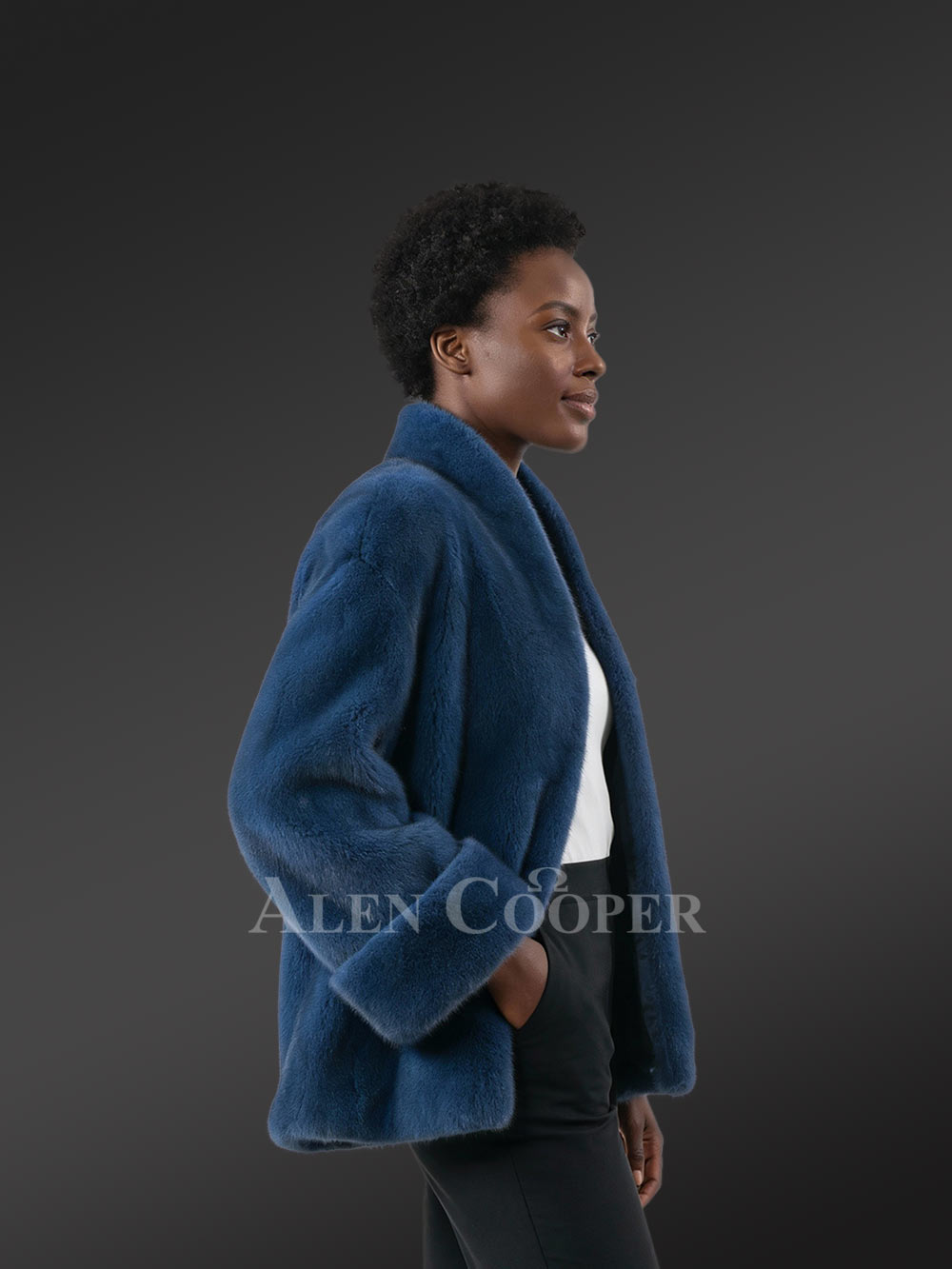 Women’s Short Dressy French Collar Mink Jacket in Blue - Image 4