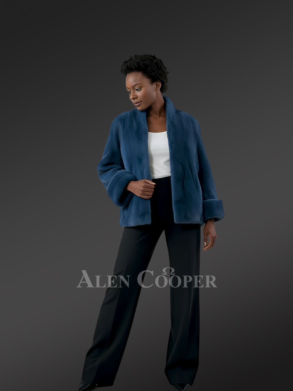 Women’s Short Dressy French Collar Mink Jacket in Blue - Image 2