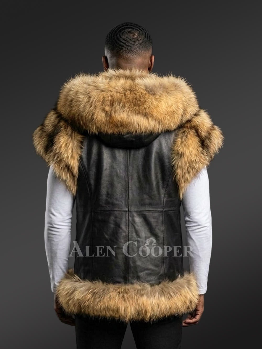 Men’s Hooded Leather Vest with Finn Raccoon Trims - Image 3