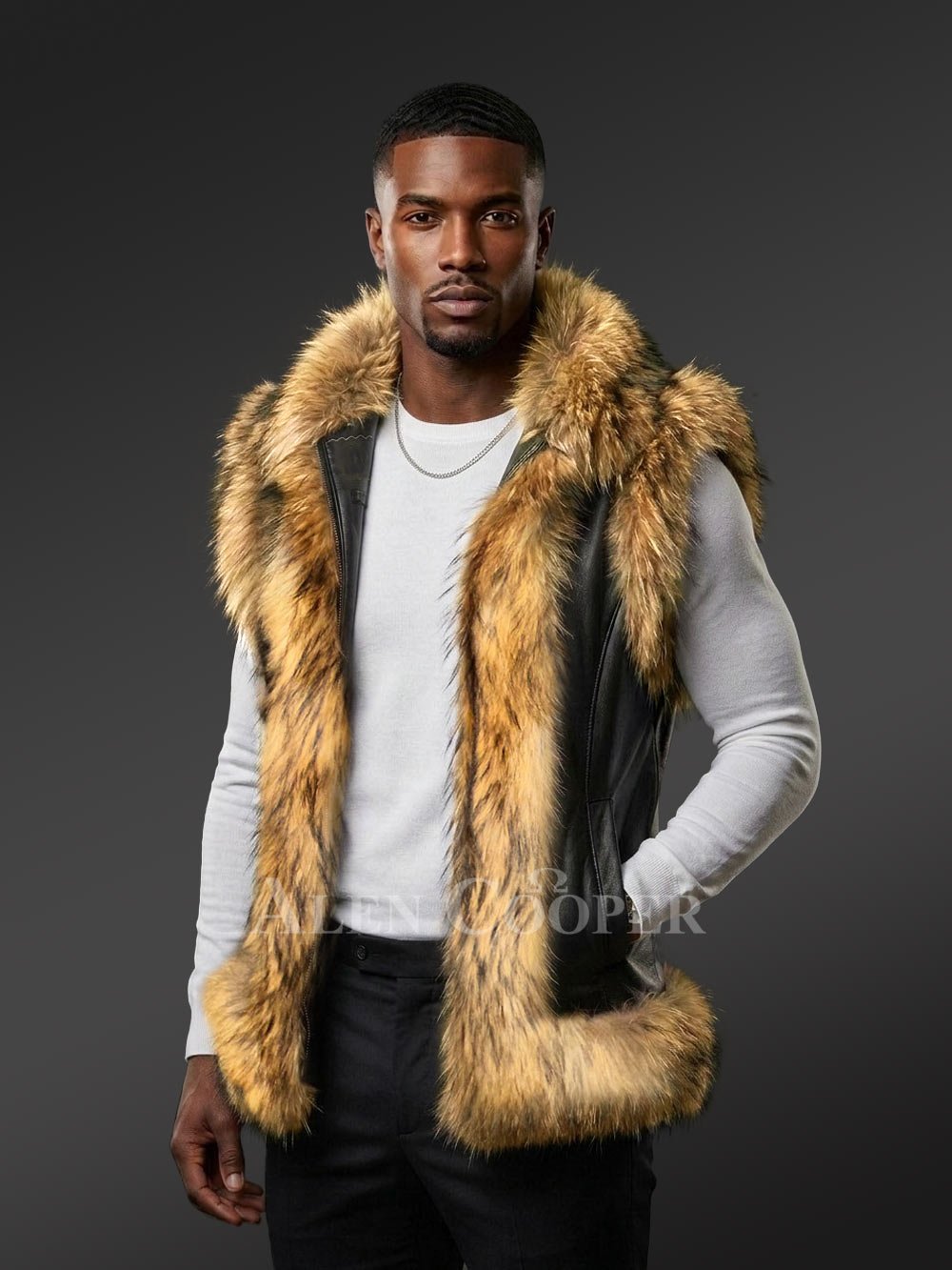 Men’s Hooded Leather Vest with Finn Raccoon Trims - Image 2