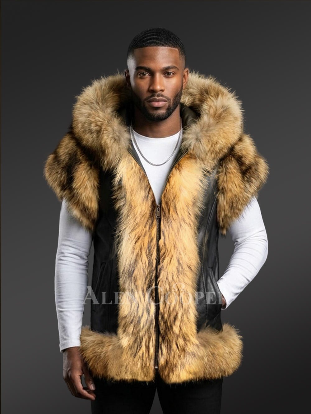 Men’s Hooded Leather Vest with Finn Raccoon Trims