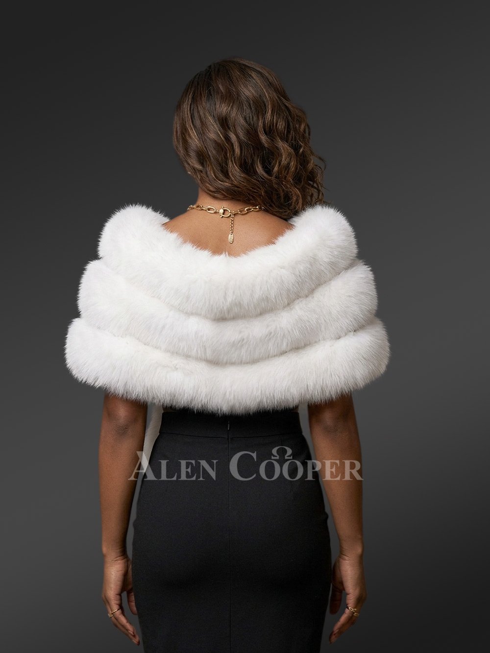 Women’s White Fox Fur Stole with Crystal Embellishment - Image 3