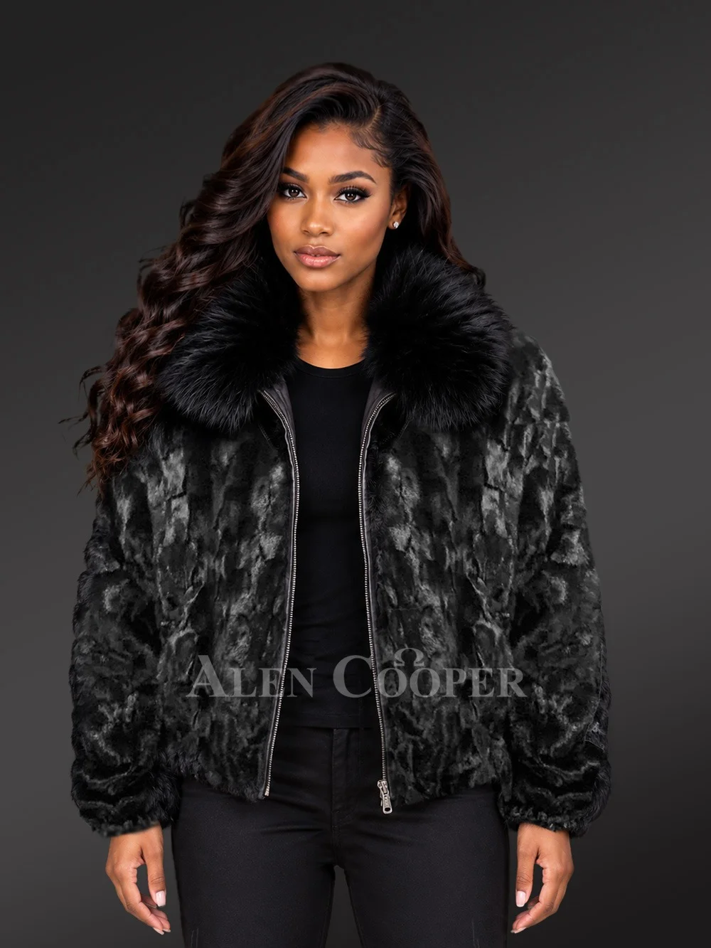 Women's Classic Mink Bomber Jacket with Fox Collar