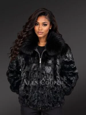Women’s Classic Mink Bomber Jacket with Fox Collar