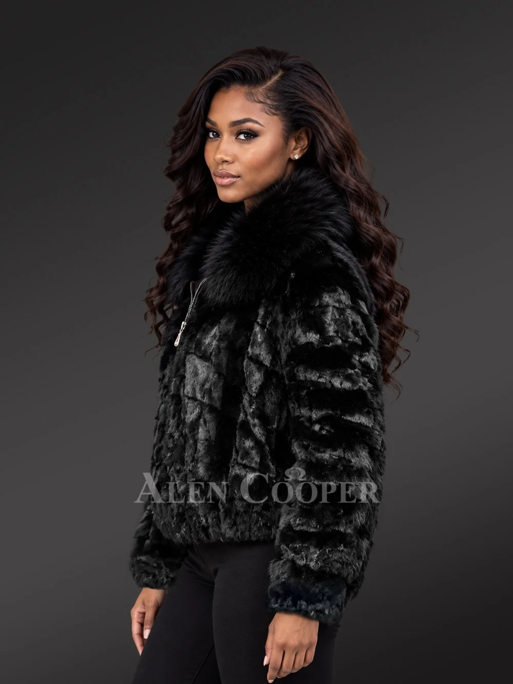 Women’s Classic Mink Bomber Jacket with Fox Collar - Image 3