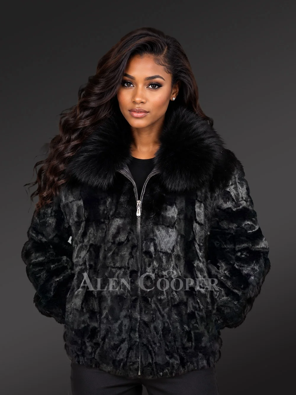 Women’s Classic Mink Bomber Jacket with Fox Collar