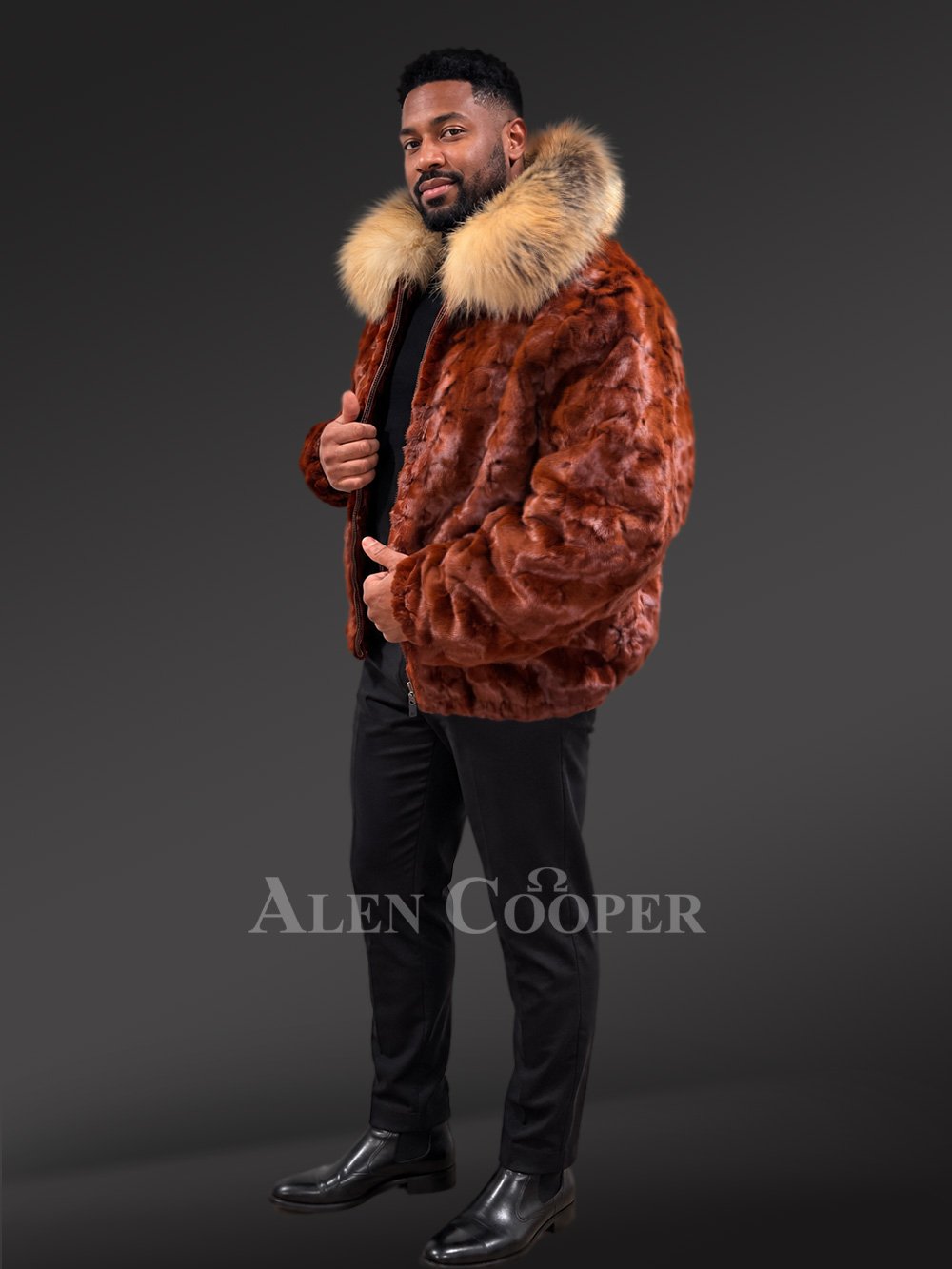 Men’s Classic Mink Bomber with Red Fox Fur Collar - Image 5