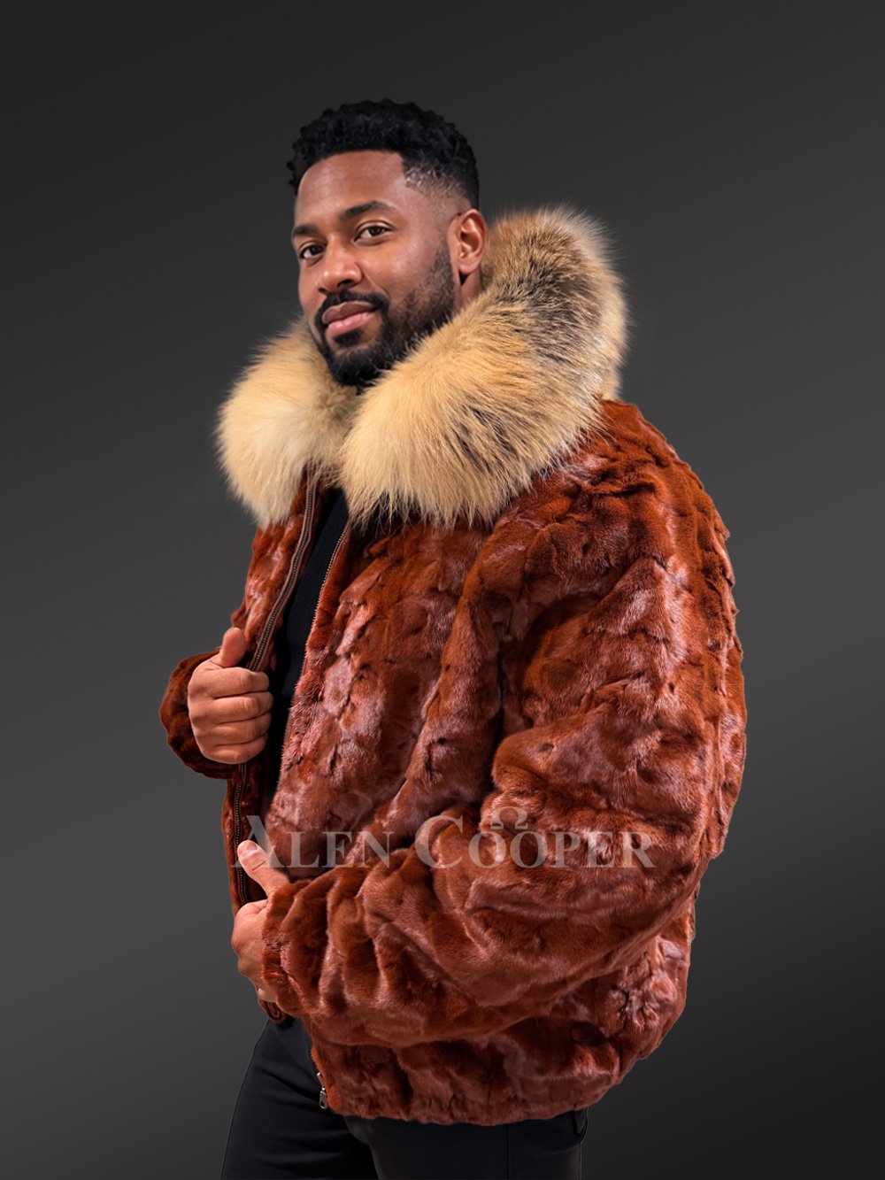 Men’s Classic Mink Bomber with Red Fox Fur Collar - Image 4